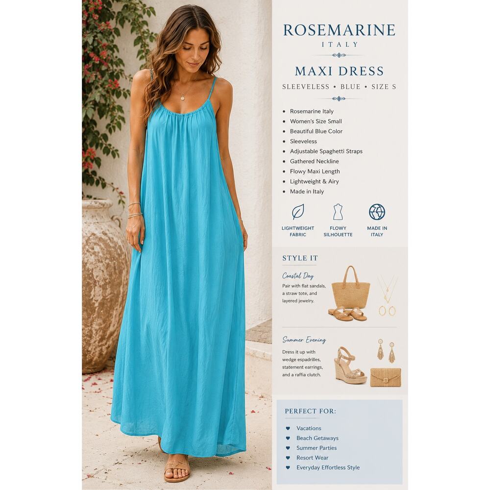 Rosemarine Italy Maxi Dress Sleeveless SZS Blue Casual Resort Wear Travel Flowy